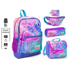 Coral High Pembe Flamingo Baskılı Kız Çocuk İlkokul 5 li Çanta Seti - USB Soketli