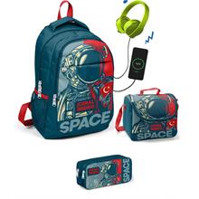Coral High Erkek Çocuk Astronot Baskılı 3 lü Çanta Takımı - USB Soketli