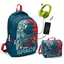 Coral High Astronot Baskılı Okul ve Beslenme Çantası - Erkek Çocuk  - USB Soketli