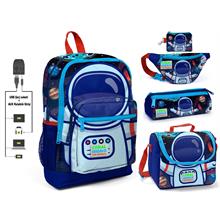 Coral High Mavi Astronot Baskılı Erkek Çocuk İlkokul 5 li Çanta Seti - USB Soketli