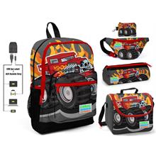 Coral High Kırmızı Monster Truck Baskılı Erkek Çocuk İlkokul 5 li Çanta Seti - USB Soketli