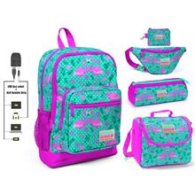 Coral High Yeşil Flamingo Baskılı Kız Çocuk İlkokul 5 li Çanta Seti - USB Soketli