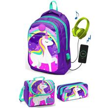 Coral High Kız Çocuk Mor Unicorn 3 lü Çanta Takımı - USB Soketli