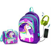Coral High Kids Mor Unicorn Okul ve Beslenme Çantası - Kız Çocuk  - USB Soketli