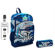 Coral High Mavi Köpekbalığı Baskılı İlkokul Sırt Çantası ve Kalemlik Seti - Erkek Çocuk - USB Soketli