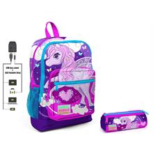 Coral High Mor Unicorn Baskılı İlkokul Sırt Çantası ve Kalemlik Seti - Kız Çocuk - USB Soketli