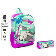 Coral High Sevimli Kedi ve Kelebek İlkokul Sırt Çantası ve Kalemlik Seti - Kız Çocuk - USB Soketli