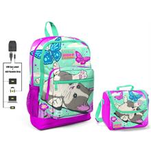 Coral High Sevimli Kedi ve Kelebek Okul Çantası ve Beslenme Çantası Seti - Kız Çocuk - USB Soketli