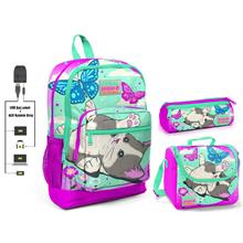 Coral High Sevimli Kedi ve Kelebek Kız Çocuk İlkokul Çanta Seti - USB Çıkışlı