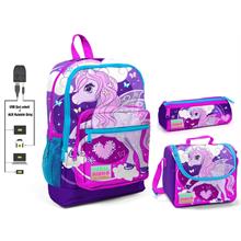 Coral High Mor Unicorn Baskılı Kız Çocuk İlkokul Çanta Seti - USB Çıkışlı