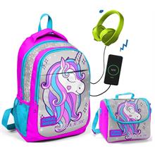 Coral High Pembe Unicorn Okul ve Beslenme Çantası - Kız Çocuk  - USB Soketli