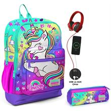 Coral High Su Yeşili Lavanta Unicorn USB Soketli Okul Çantası ve Kalemlik Seti - Kız Çocuk