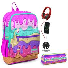 Coral High Renkli Dondurma USB Soketli Okul Çantası ve Kalemlik Seti - Kız Çocuk