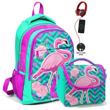 Coral High Okul Sırt Çantası ve Beslenme Çantası Seti - Kız Çocuk Pembe Flamingo - USB Soketli