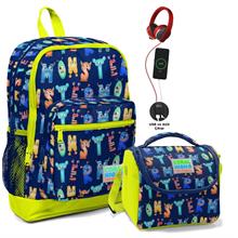 Coral High Okul Çantası ve Termal Beslenme Çanta Seti - Erkek Çocuk Sevimli Harfler USB ve AUX Çıkışlı