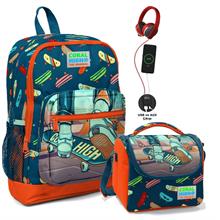Coral High Okul Çantası ve Termal Beslenme Çanta Seti - Erkek Çocuk Çivit Turuncu Kaykay USB ve AUX Çıkışlı