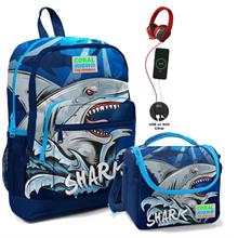 Coral High Okul Çantası ve Termal Beslenme Çanta Seti - Erkek Çocuk Mavi Köpekbalığı USB ve AUX Çıkışlı