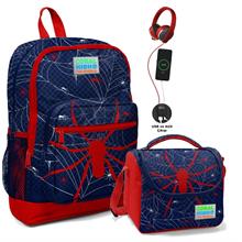Coral High Okul Çantası ve Termal Beslenme Çanta Seti - Erkek Çocuk Lacivert Kırmızı Örümcek USB ve AUX Çıkışlı