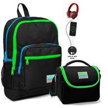 Coral High Okul Çantası ve Termal Beslenme Çanta Seti - Erkek Çocuk Siyah Yeşil USB ve AUX Çıkışlı