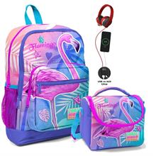 Coral High Okul Çantası ve Beslenme Çantası Seti - Kız Çocuk Pembe Flamingo - USB Soketli
