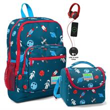 Coral High Okul Çantası ve Beslenme Çantası Seti - Erkek Çocuk Lacivert Mavi Astronot - USB Soketli