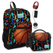 Coral High Okul Çantası ve Beslenme Çantası Seti - Erkek Çocuk Siyah Turuncu Basketbol - USB Soketli