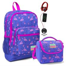 Coral High Okul Çantası ve Beslenme Çantası Seti - Kız Çocuk Mor Flamingo - USB Soketli