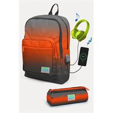 Coral High Kids Gri Turuncu Renk Geçişli USB li 2 li Okul Çanta Seti - Erkek Çocuk