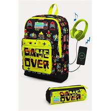 Coral High Kids Siyah Neon Sarı Game Over Desenli USB li 2 li Okul Çanta Seti - Erkek Çocuk