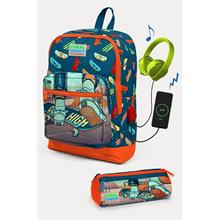 Coral High CoKids Civit Neon Turuncu Kaykay Desenli USB Girişli 2 li Okul Çanta Seti - Erkek Çocuk