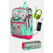 Coral High Kids Su Yeşili Neon Mercan Koala Desenli USB li 2 li Okul Çanta Seti - Kız Çocuk