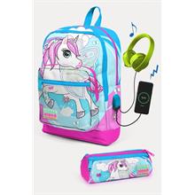 Coral High Kids Mavi Neon Pembe Unicorn Desenli USB li 2 li Okul Çanta Seti - Kız Çocuk