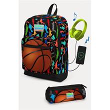 Coral High Kids Siyah Basketbol Desenli USB li 2 li Okul Çanta Seti - Erkek Çocuk