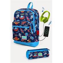 Coral High Kids Lacivert Mavi Uzay Desenli USB li 2 li Okul Çanta Seti - Erkek Çocuk