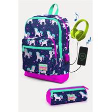 Coral High Kids Lacivert Pembe Unicorn Desenli USB li 2 li Okul Çanta Seti - Kız Çocuk