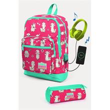 Coral High Kids Neon Mercan Su Yeşili Alpaka Desenli USB li 2 li Okul Çanta Seti - Kız Çocuk