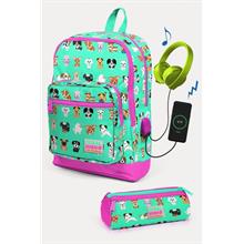 Coral High Kids Su Yeşili Neon Pembe Köpek Desenli USB li 2 li Okul Çanta Seti - Kız Çocuk