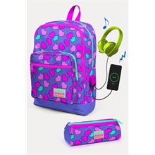 Coral High Kids Lavanta Pembe Kalp Desenli USB li 2 li Okul Çanta Seti - Kız Çocuk