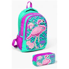 Coral High Kids Su Yeşili Pembe Simli Flamingo Desenli 2 li Okul Çanta Seti - Kız Çocuk
