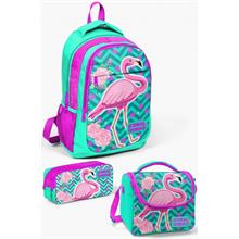Coral High Kids Su Yeşili Pembe Simli Flamingo Desenli 3lü Okul Çanta Seti - Kız Çocuk İlkokul