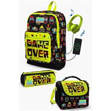 Coral High Kids Siyah Neon Sarı Game Over Desenli USB li 3lü Okul Çanta Seti - Erkek Çocuk