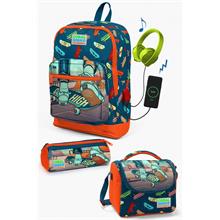 Coral High Kids Civit Neon Turuncu Kaykay Desenli USB Girişli 3lü Okul Çanta Seti - Erkek Çocuk