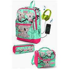 Coral High Kids Su Yeşili Neon Mercan Koala Desenli USB li 3lü Okul Çanta Seti - Kız Çocuk