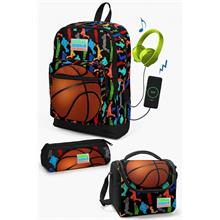 Coral High Kids Siyah Basketbol Desenli USB li 3lü Okul Çanta Seti - Erkek Çocuk