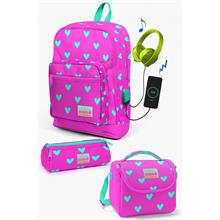 Coral High Kids Neon Pembe Su Yeşili Kalp Desenli USB li 3lü Okul Çanta Seti - Kız Çocuk