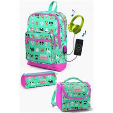 Coral High Kids Su Yeşili Neon Pembe Köpek Desenli USB li 3lü Okul Çanta Seti - Kız Çocuk