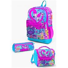 Coral High Kids Mavi Pembe Flamingo Desenli 3lü Okul Çanta Seti - Kız Çocuk İlkokul Çanta Takımı