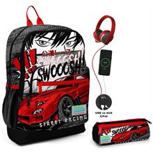 Coral High Siyah Kırmızı Araba USB Soketli Okul Çantası ve Kalemlik Seti - Erkek Çocuk