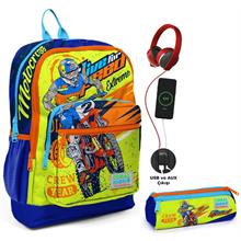 Coral High Sarı Mavi Motorsiklet USB Soketli Okul Çantası ve Kalemlik Seti - Erkek Çocuk