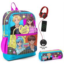 Coral High Mavi Pembe Anime USB Soketli Okul Çantası ve Kalemlik Seti - Kız Çocuk